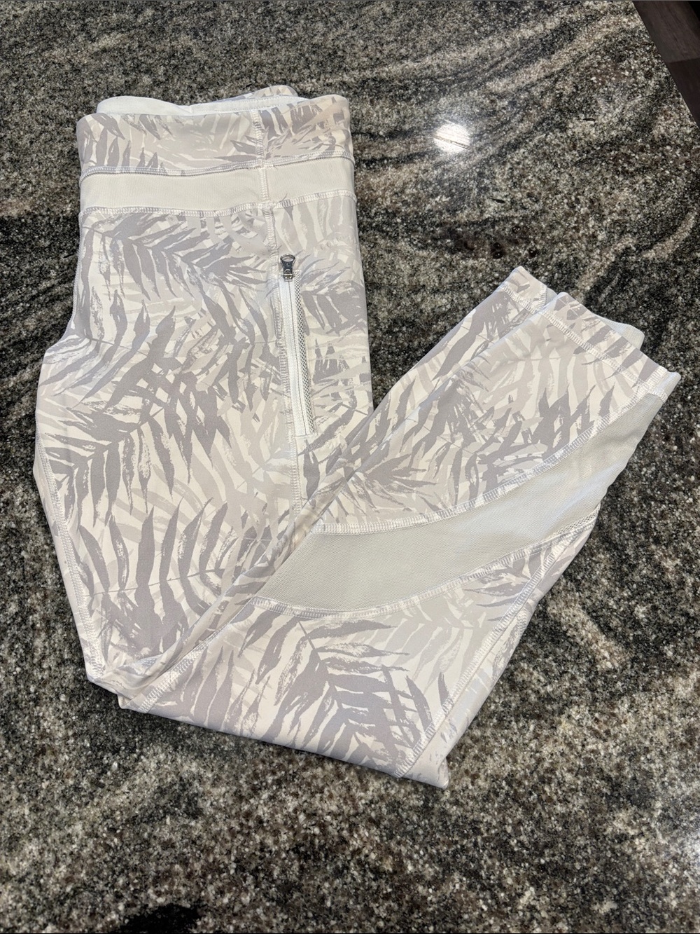 lululemon athletica White and Light Gray Leaf-Print Leggings with Zip Pocket